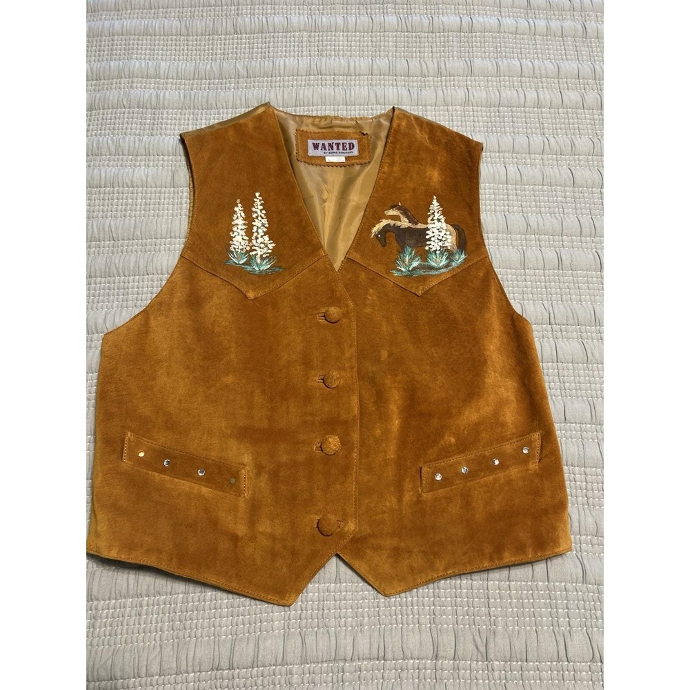 VTG Western Cowboy Indian Rockabilly Hippie Painted Horse Tan Leather Vest Top L